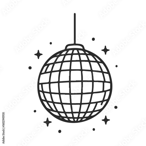 Black and white disco ball with sparkles on white background – stock vector icon in line style