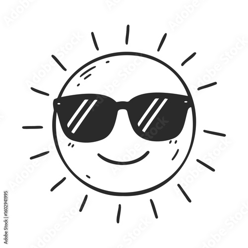 Cheerful sun with sunglasses doodle: happy summer icon design – stock vector icon in line style