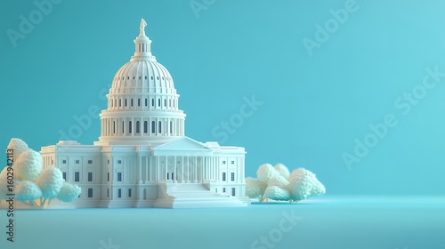 Minimalist White Capitol Building Model on Light Blue Background