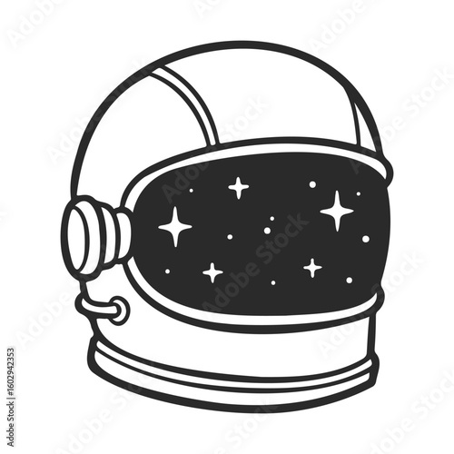 Retro astronaut helmet with starry reflection in black and white design – stock vector icon in line style