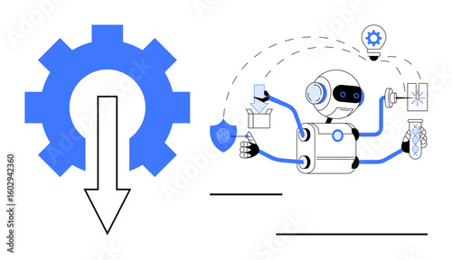 Robot multitasking with lightbulb, shield, test tube, and gear representing automation, innovation, and efficiency. Ideal for technology, workflow, AI robotics process improvement innovation