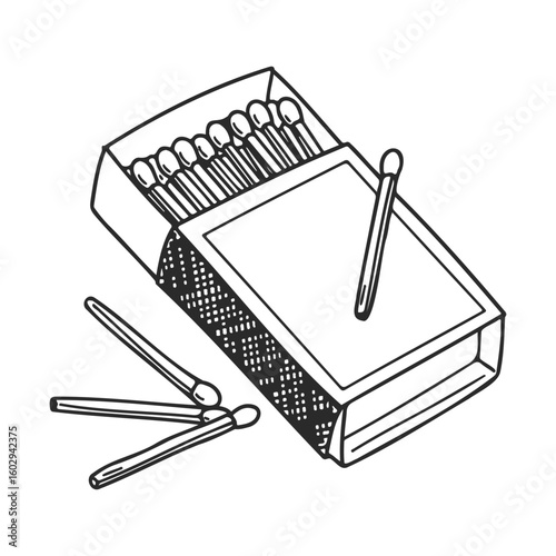 Open matchbox with matches and striker in black and white line art – stock vector icon in line style