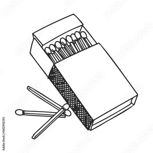 Open matchbox with matches scattered around – stock vector icon in line style