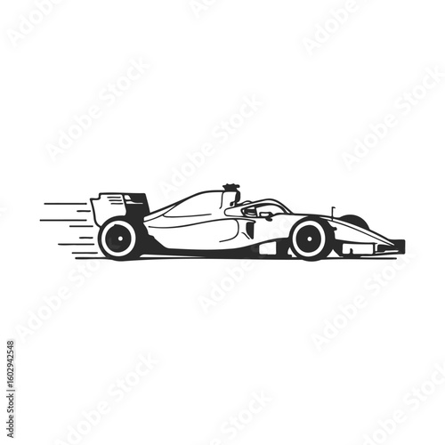 Black and white formula one race car illustration with speed lines – stock vector icon in line style
