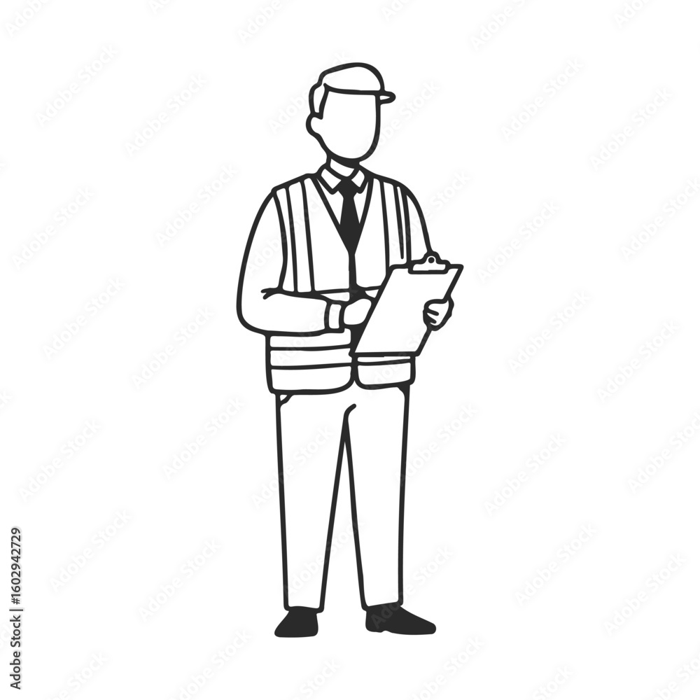 Outline drawing of male construction worker with safety vest and clipboard – stock vector icon in line style Outline drawing of male construction worker with safety vest and clipboard – stock vector icon in line style