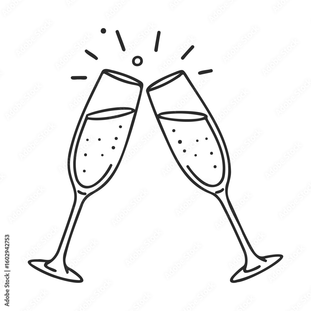 Celebratory champagne glasses clinking - black and white outline drawing – stock vector icon in line style