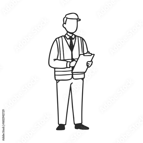 Outline drawing of male construction worker with safety vest and clipboard – stock vector icon in line style
