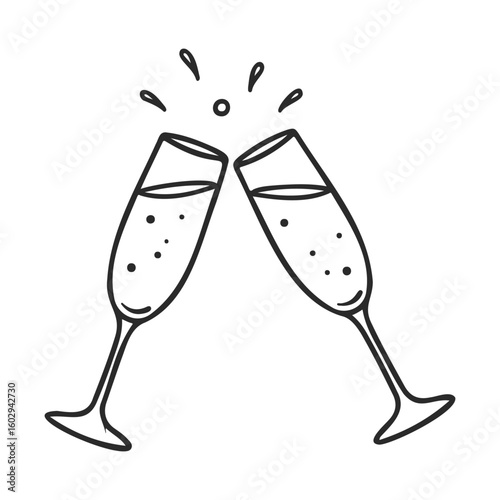 Toasting champagne glasses drawing celebration cheers art sparkling – stock vector icon in line style