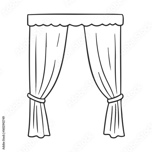 Simple black and white curtain drawing with elegant drapes and valance design – stock vector icon in line style