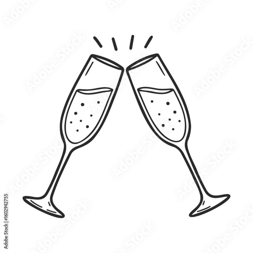 Celebratory champagne toast with clinking glasses icon in black and white – stock vector icon in line style