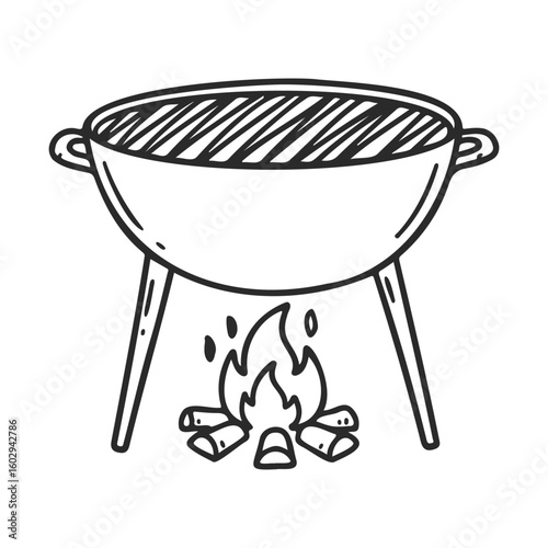 Hand-drawn outdoor barbecue grill with open fire and logs – stock vector icon in line style