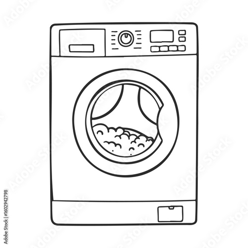 Simple black and white illustration of a front-loading washing machine – stock vector icon in line style