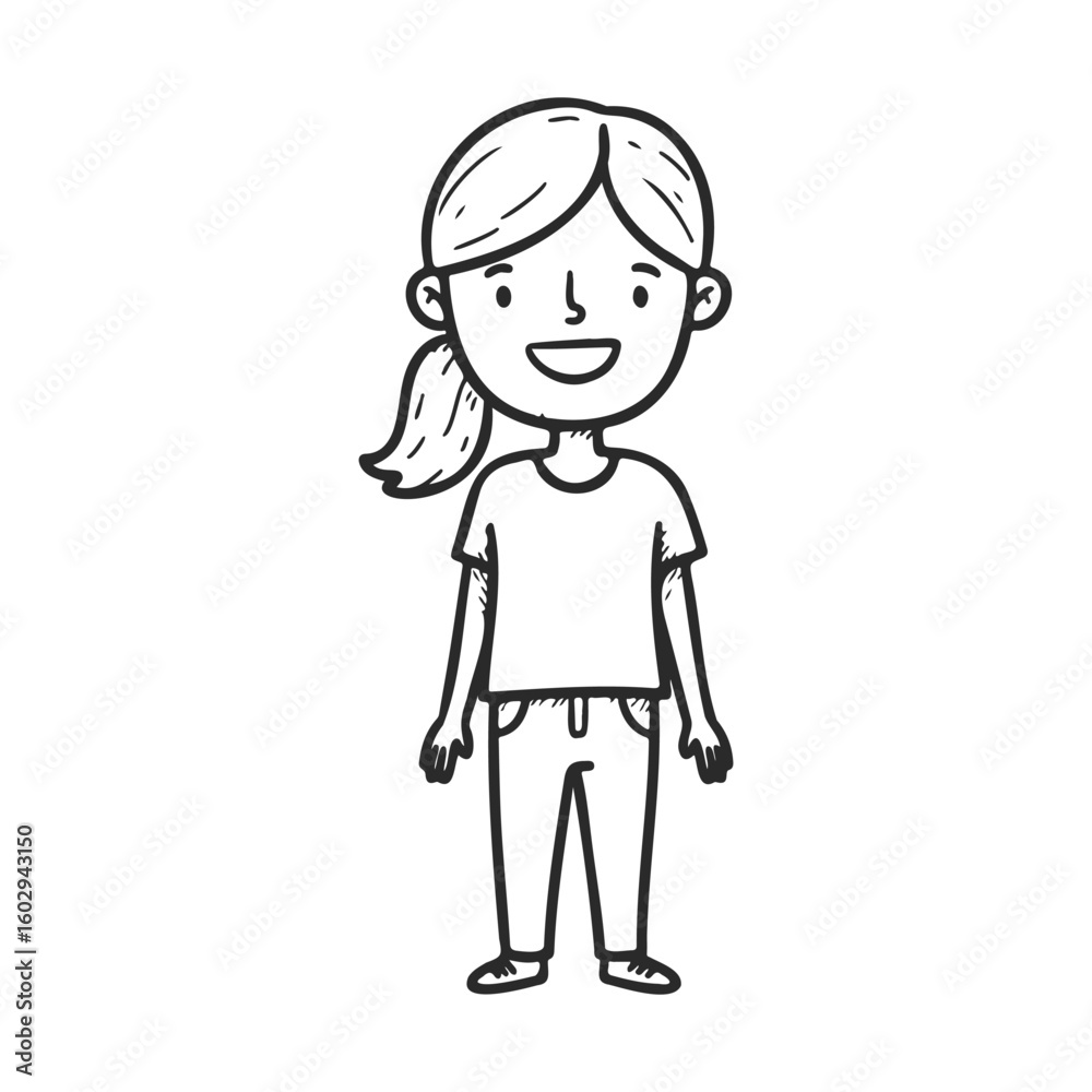 Cartoon illustration of young caucasian female with ponytail in casual outfit – stock vector icon in line style Cartoon illustration of young caucasian female with ponytail in casual outfit – stock vector icon in line style