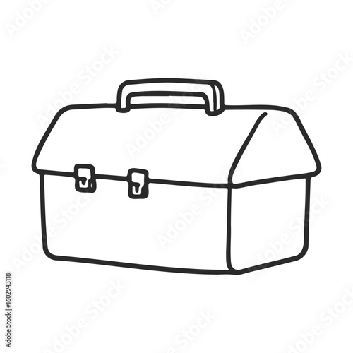 Simple black and white outline of a toolbox with handle and latches – stock vector icon in line style
