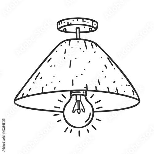 Simple sketch of pendant light fixture with bare bulb and textured shade – stock vector icon in line style