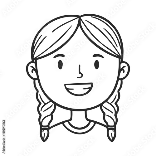 Smiling female child with pigtails - black and white cartoon line art – stock vector icon in line style