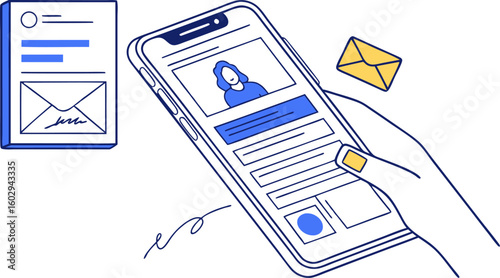 Hand holding smartphone with profile and email icon with document on white background concept art