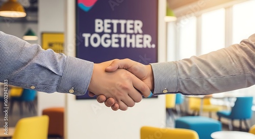 Two colleagues shaking hands in front of a better together sign in a vibrant office space