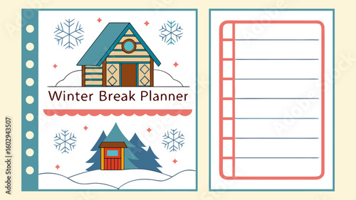 Winter break planner featuring a cozy cabin, snowflakes, pine trees, and a to do list on a light background