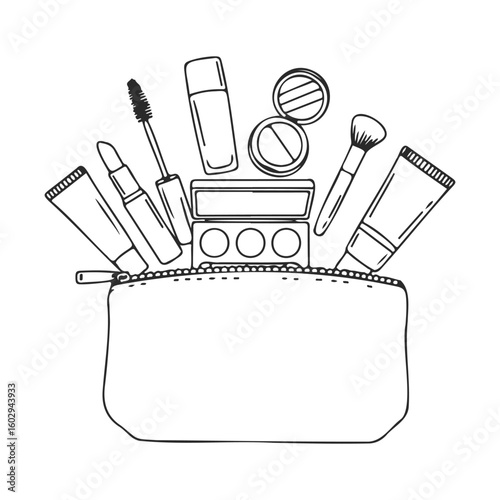 Outline of makeup bag with cosmetics: lipstick, mascara, brushes, and more – stock vector icon in line style