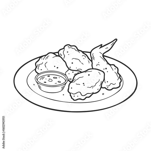 Crispy chicken wings with dipping sauce on plate - line art illustration – stock vector icon in line style