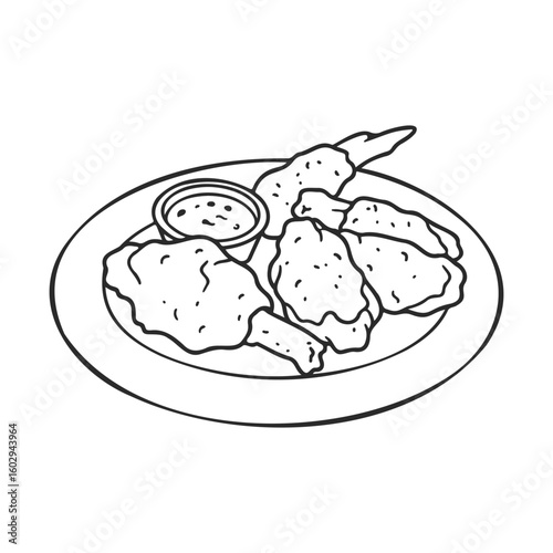 Fried chicken wings with dipping sauce on plate - line art illustration – stock vector icon in line style