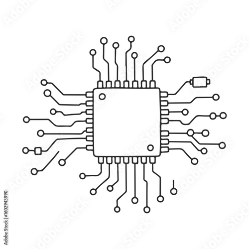 Minimalist circuit board design with central chip and connectors – stock vector icon in line style