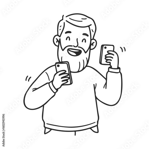 Cartoon bearded caucasian male adult juggling two smartphones cheerfully – stock vector icon in line style
