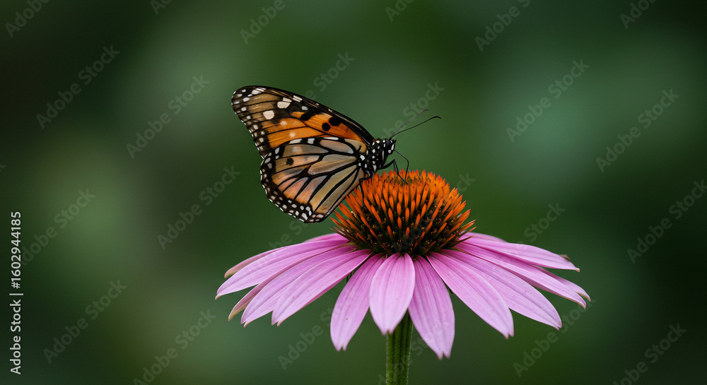 A monarch butterfly perched delicately on a coneflower in bloom. A monarch butterfly perched delicately on a coneflower in bloom.