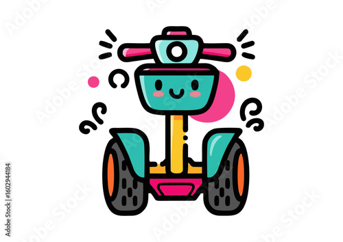 Cartoon segway illustration with a cheerful face and vibrant colors 