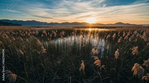 Sunset over a tranquil marsh with reeds