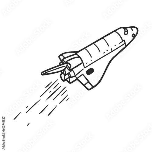 Hand-drawn space shuttle sketch in flight with engine trails – stock vector icon in line style