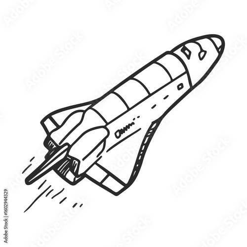 Hand-drawn space shuttle illustration depicting a launch in black and white lines – stock vector icon in line style