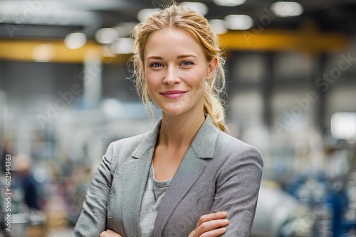 Portrait of a business woman smiling, standing in the middle of an industrial factory hall with arms crossed, blonde hair, white shirt, and a dark blue suit jacket.