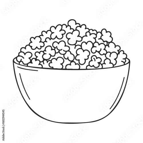 Black and white bowl of popcorn outline drawing – stock vector icon in line style