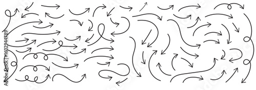 Hand drawn thin line arrows set. Many vector curvy arrow set