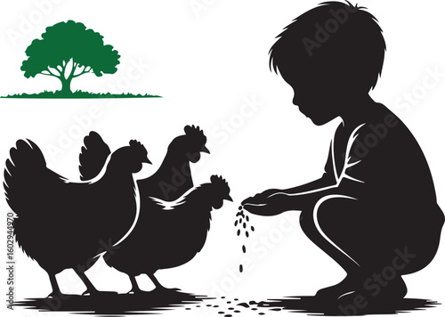 Child feeding chickens silhouette vector illustration design