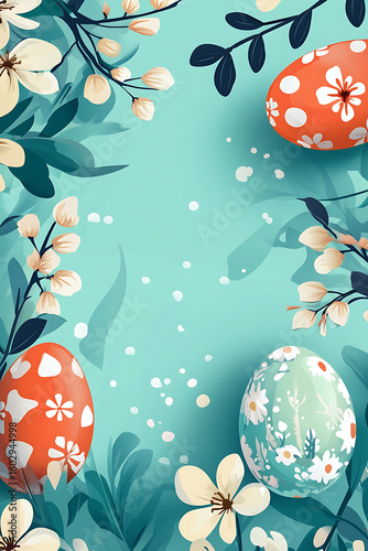 Colorful Easter eggs surrounded by flowers and leaves on a soft blue background