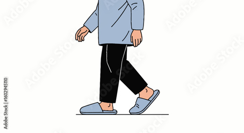 Relaxed person in comfortable pajamas and soft slippers shuffling, embodying leisure, comfort, and a cozy home vibe, ideal for National Lazy Day.