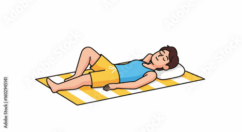 Relaxed person napping on a striped mat, enjoying leisure and comfort. Ideal graphic for rest, downtime, or National Lazy Day concepts.