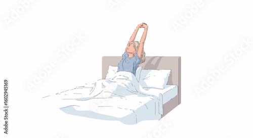 Blonde woman stretching arms overhead in comfortable bed. Relaxed morning wake-up routine illustration. Leisure and comfort concept.