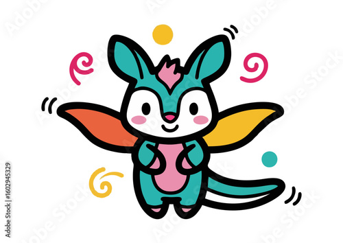 Playful fantasy creature illustration with colorful wings and cheerful expression