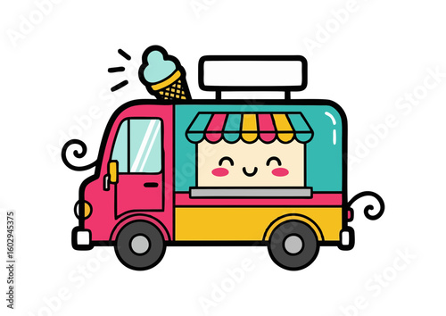 Cartoon ice cream truck illustration with a cheerful face and vibrant colors