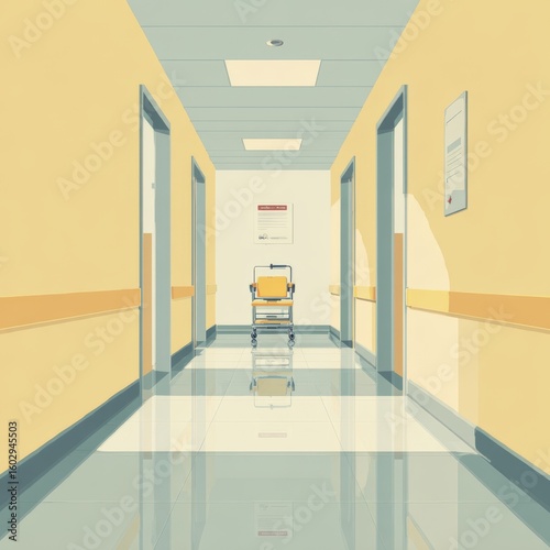 Clean and Bright Hospital Corridor with Empty Wheelchair Waiting