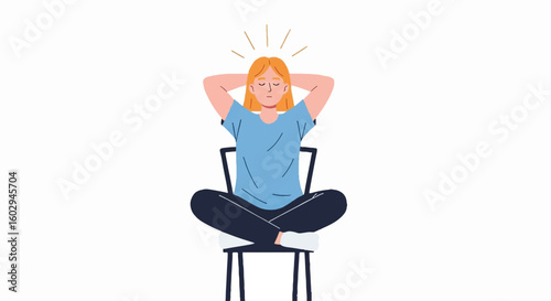 Relaxed woman sitting comfortably on a chair, meditating peacefully with eyes closed. Concept of calm, stress relief, and mindfulness for National Lazy Day.