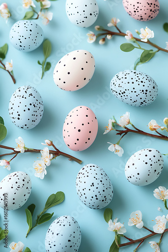 Colorful speckled Easter eggs arranged with cherry blossom branches on a pastel blue backdrop
