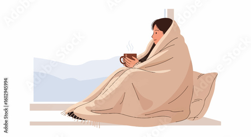 Person wrapped in cozy blanket, holding a steaming hot drink while sitting by a window, embodying comfort, relaxation, and a peaceful lazy day.