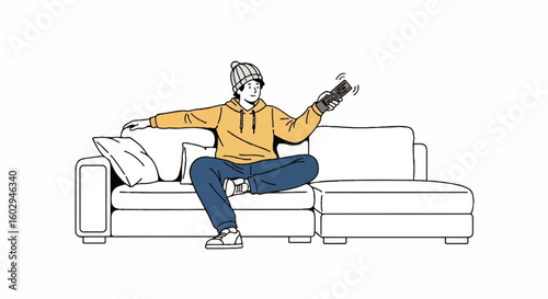 Illustration of a casual young adult in a hoodie and beanie relaxing on a sofa with a remote, embodying a lazy day at home.
