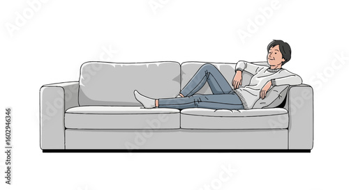 Illustration of an adult person relaxing comfortably on a modern grey sofa, perfect for concepts of rest, leisure, and National Lazy Day.