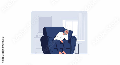 Person napping peacefully in a comfortable armchair at home, embodying relaxation and leisure for a lazy day or restful break.